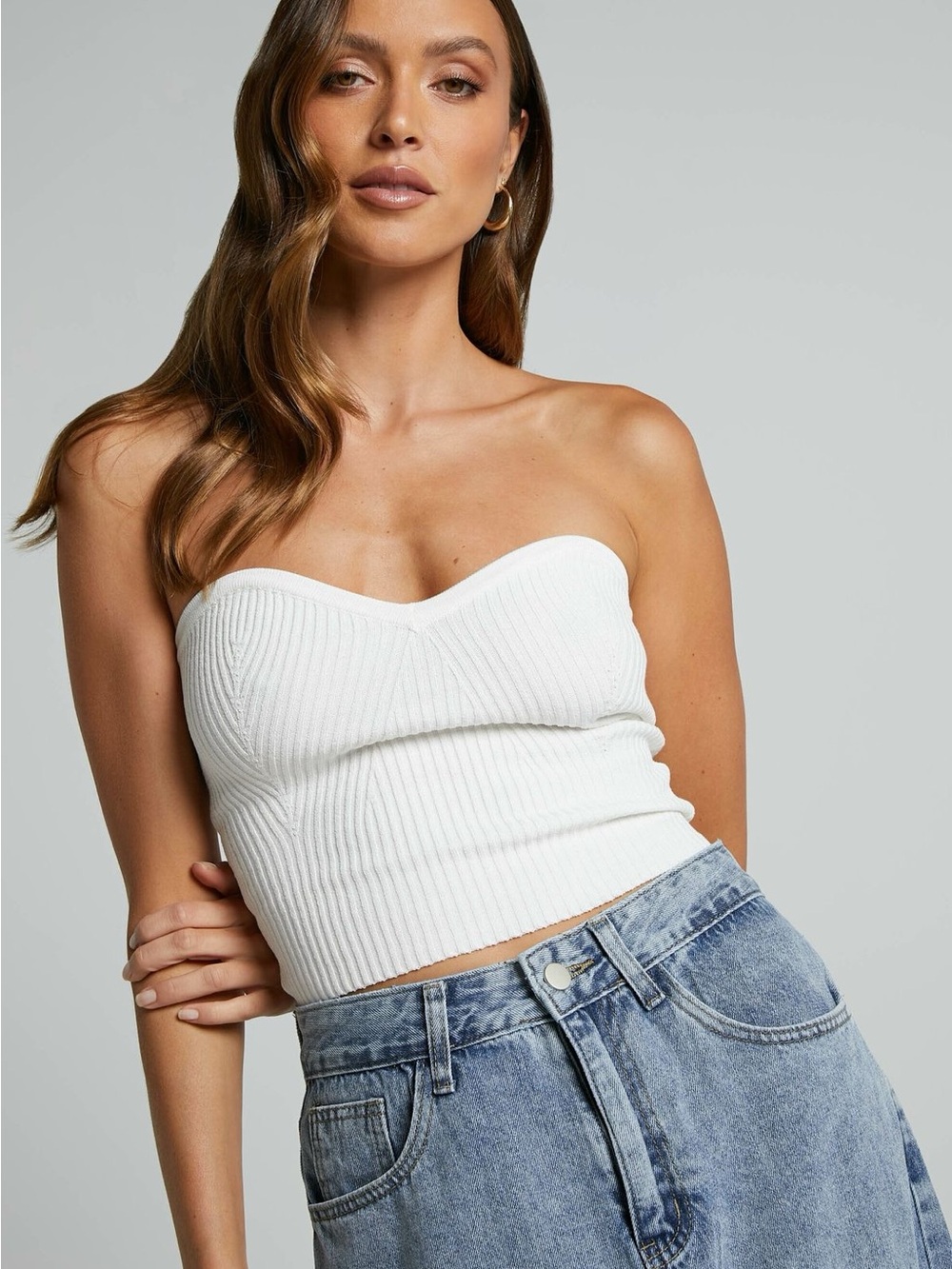 Showpo White Strapless Ribbed Sweetheart Crop Top